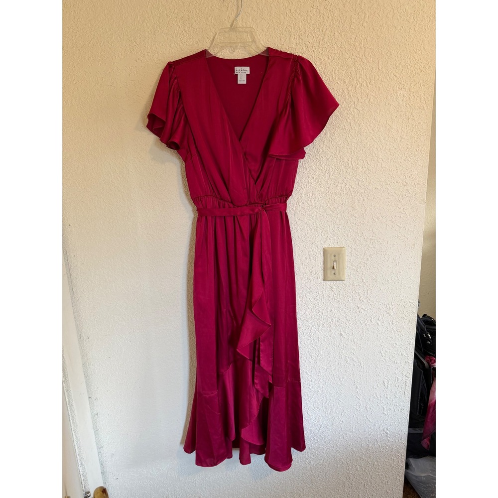 Nicole Miller New York Magenta Pink Satin Flutter Sleeve Ruffle Midi Dress L